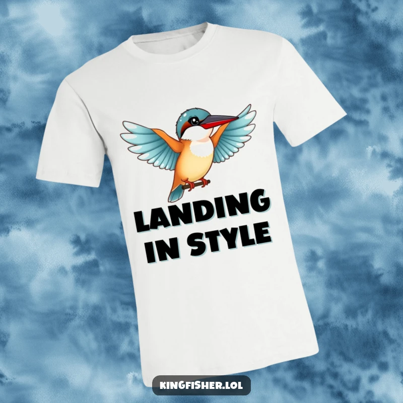 Funny Graceful Kingfisher T-Shirt: A cute kingfisher bird with outstretched wings preparing for a landing.