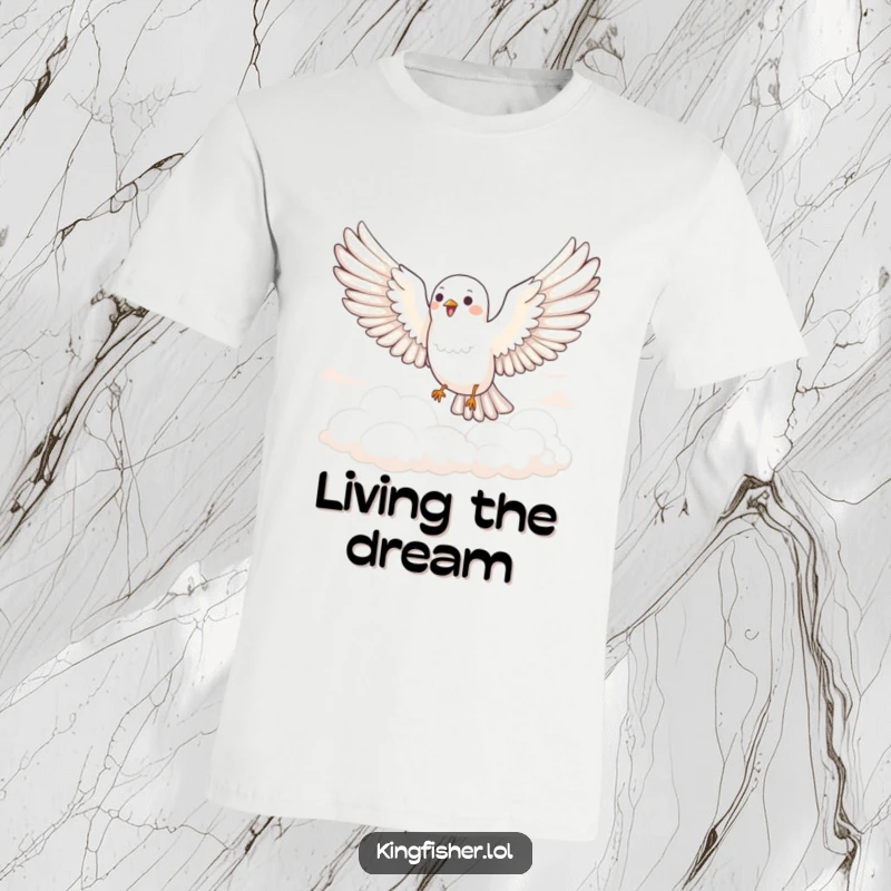 Funny Joyful Bird T-Shirt: A bird with wide-spread wings joyfully glides through soft, fluffy clouds. Hilarious bird apparel.