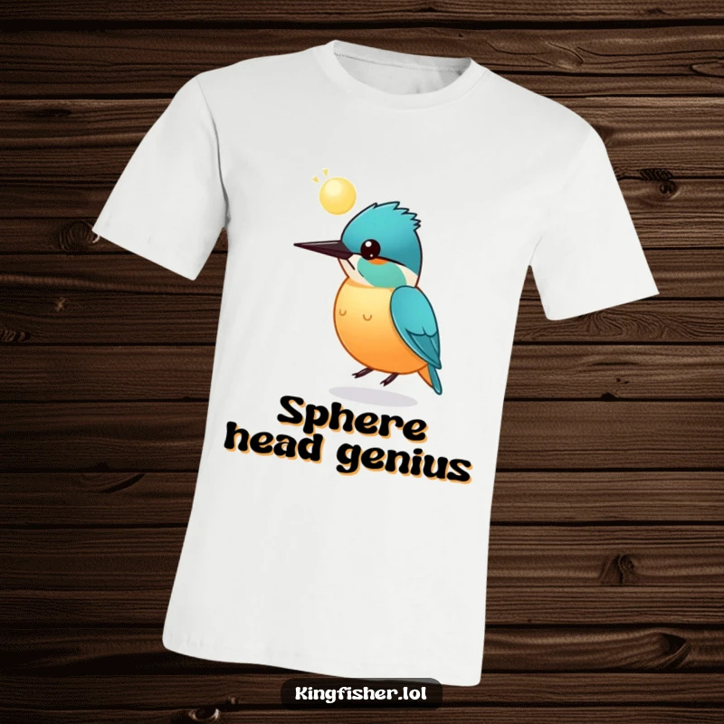 Funny round kingfisher t-shirt, a small, plump bird bouncing a glowing orb on its head, playful and magical.
