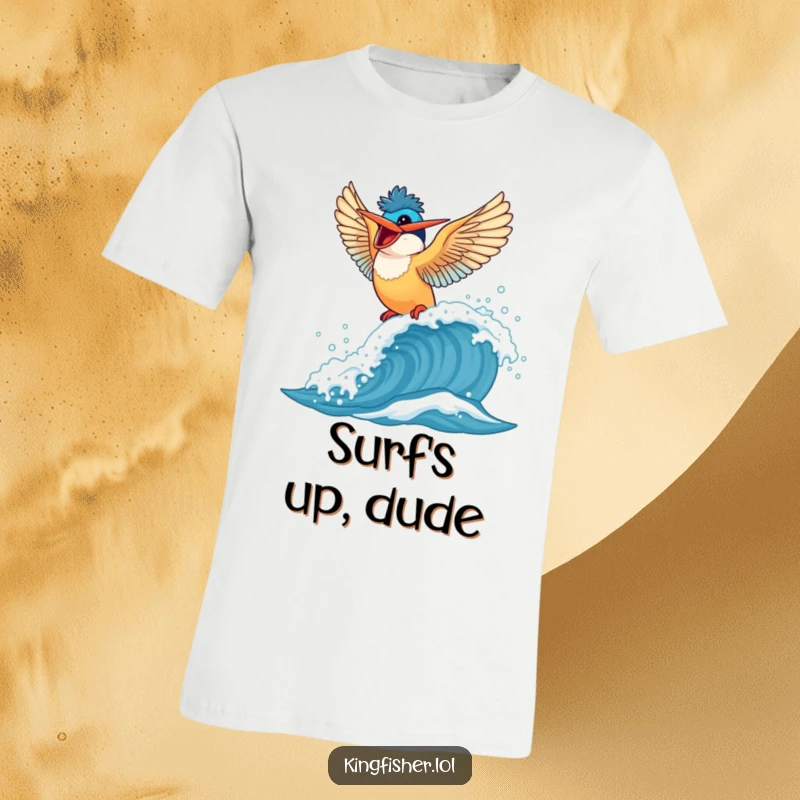Funny Kingfisher T-Shirt: Energetic bird with wings flapping rides a dynamic, splashing wave for ultimate fun.