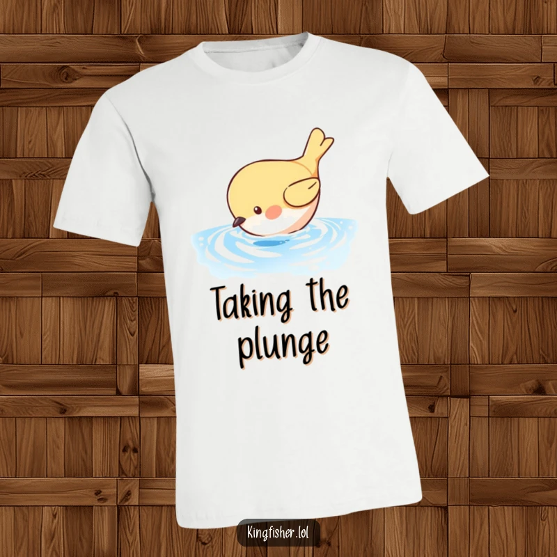 Funny Diving Bird T-Shirt: A cute, round bird dives with gusto into shimmering blue water. Hilarious bird apparel.