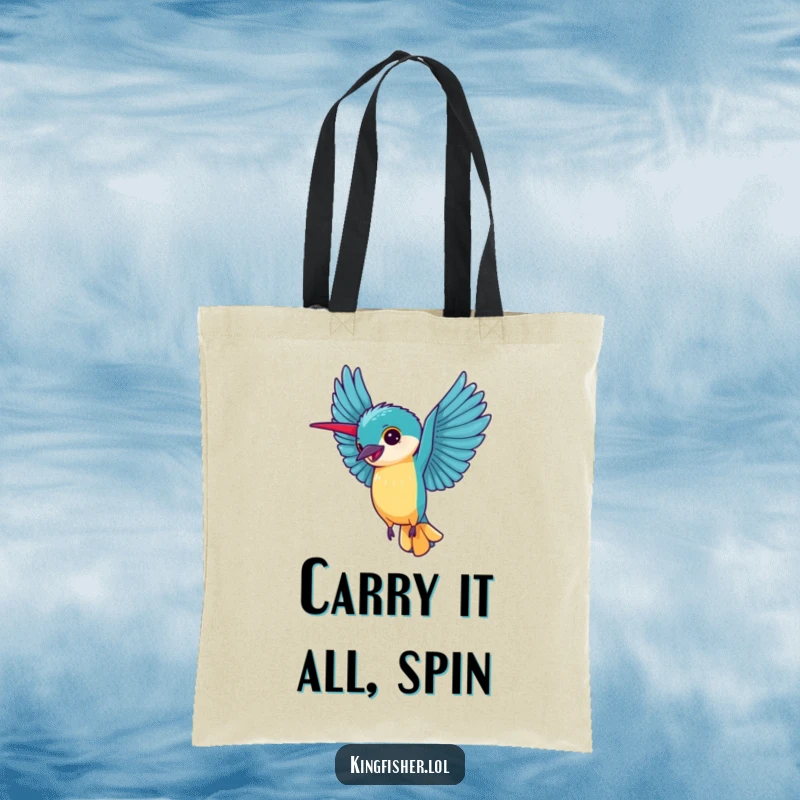 Kingfisher Cartwheel Tote Bag: A happy kingfisher does a cartwheel with wings spread wide, symbolizing pure joy.
