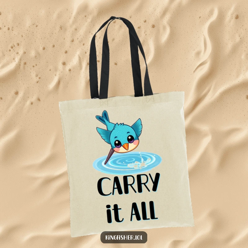 Funny tote bag featuring a cheerful kingfisher with large eyes, captured mid-dive towards a sparkling water surface, symbolizing energy.