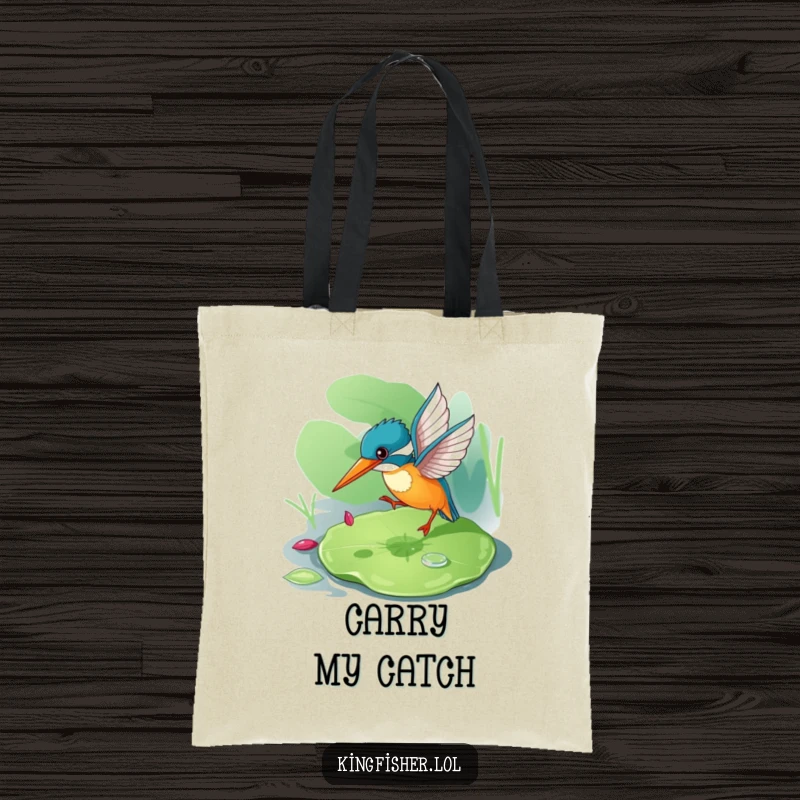 Funny kingfisher tote bag with a playful bird on a lily pad, perfect for everyday use.
