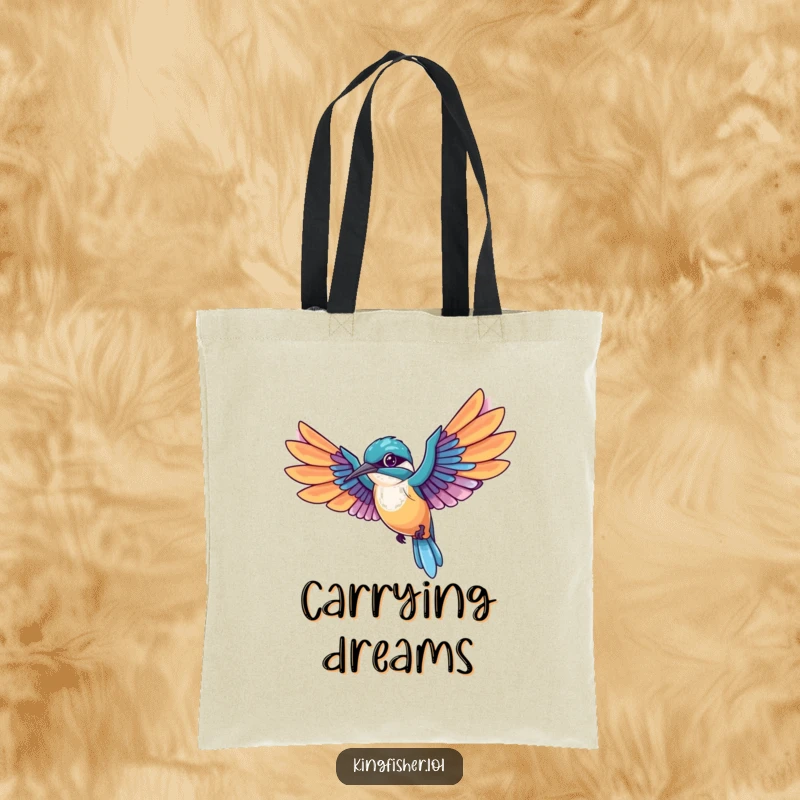 Funny Kingfisher Tote Bag with a kawaii bird mid-flight, wings spread wide, trailing colorful feathers, a humorous and stylish accessory.
