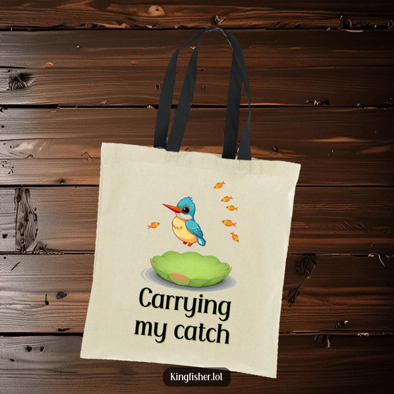 Funny Kingfisher Tote Bag showing a happy kingfisher balancing on a lily pad and juggling several small fish.