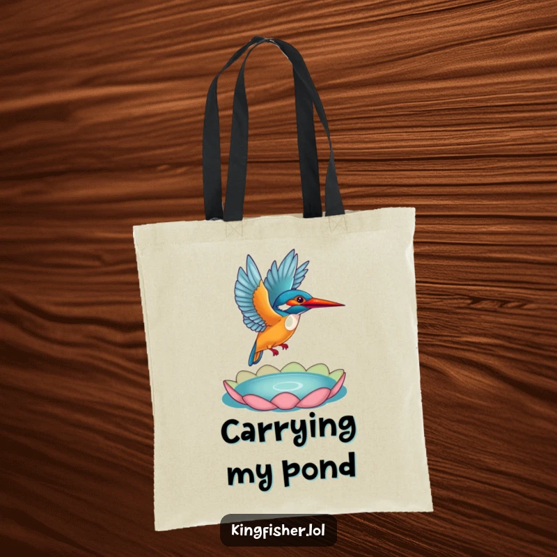 Funny Kingfisher Tote Bag: A kingfisher majestically taking flight from a lily pad, perfect for carrying books or groceries with a funny flair.
