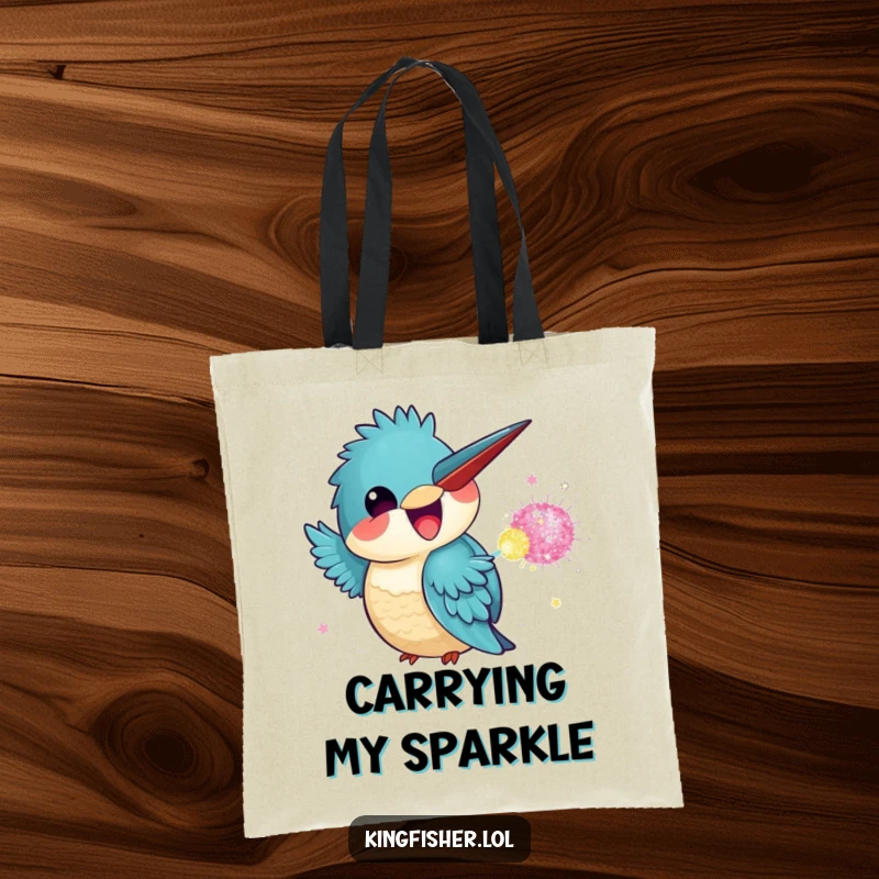 Funny Kingfisher Tote Bag showcasing a kawaii kingfisher grinning as it throws a colorful glitter bomb.