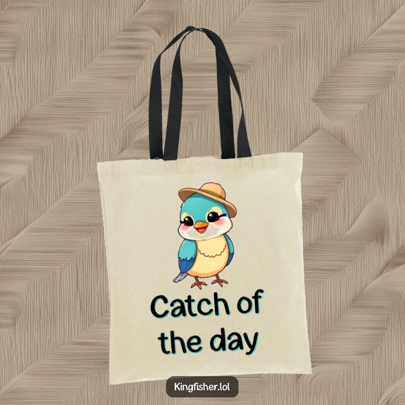 Funny kingfisher bird wearing a tiny fishing hat and a silly grin, printed on a durable tote bag, a practical funny gift.