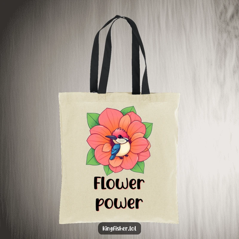Funny Kingfisher Tote Bag with a kawaii bird peeking from a giant flower, a humorous and stylish accessory.
