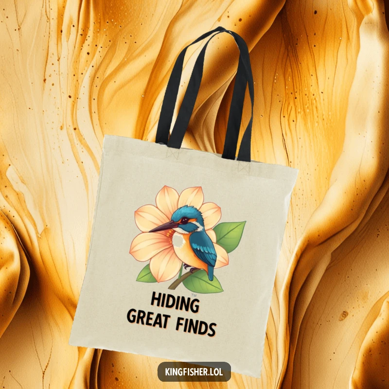 Funny Kingfisher Tote Bag with a curious kingfisher peeking from behind a large, vibrant flower, adding charm.