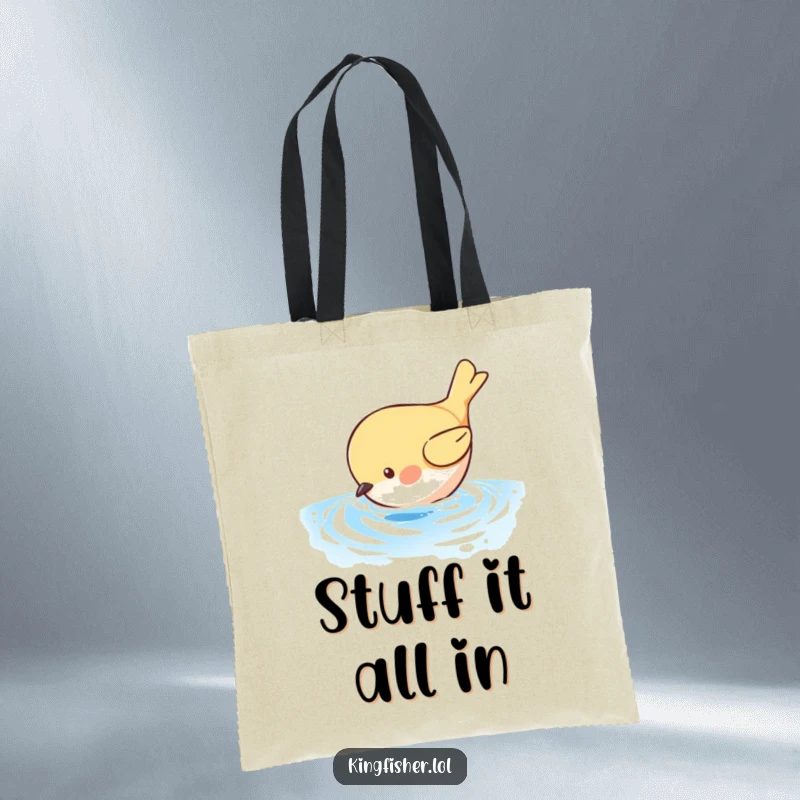Funny Diving Bird Tote Bag: A determined bird dives into shimmering blue water, bringing funny vibes. A great funny tote.