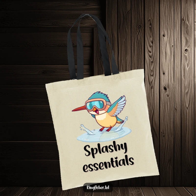 Funny kingfisher tote bag, a bird wearing goggles excitedly splashing in a puddle, humorous and practical accessory.