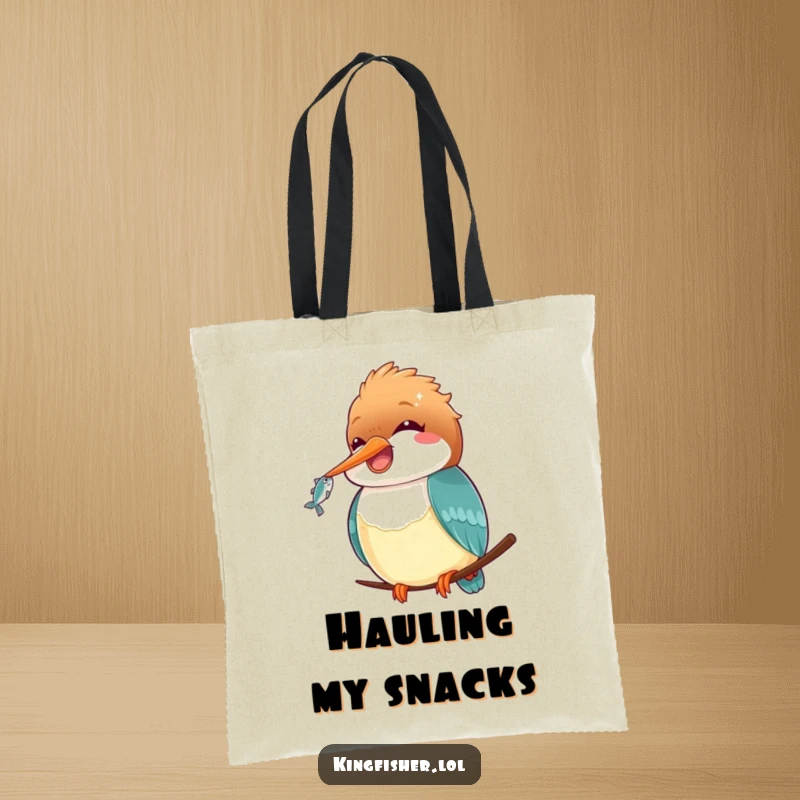 Funny Kawaii Kingfisher Tote Bag: A smiling kawaii kingfisher holding a fish, printed on a spacious tote for a funny and practical accessory.