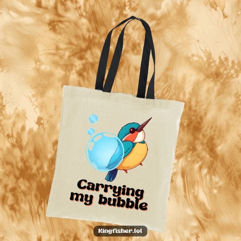 Funny tote bag with a chubby kingfisher bird plunging into a sparkling blue bubble, perfect for carrying daily items with flair.