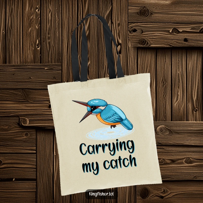 Funny Tote Bag with a small, blue kingfisher diving headfirst into shimmering water, perfect for carrying essentials with nature vibes.