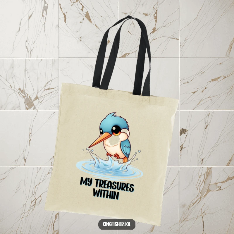 Funny Kingfisher Splash Tote Bag: A kingfisher with big eyes playfully splashes water with its beak. A fun, funny tote.