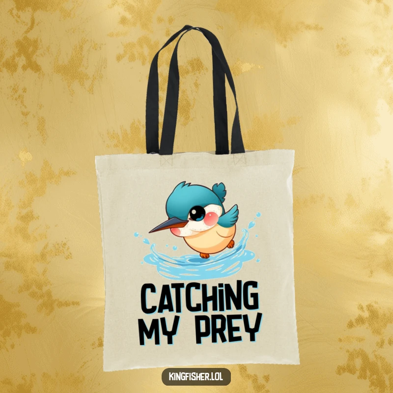 Funny Kingfisher Tote Bag: A cute, big-eyed kingfisher bird dives headfirst into sparkling blue water, perfect for carrying humor.