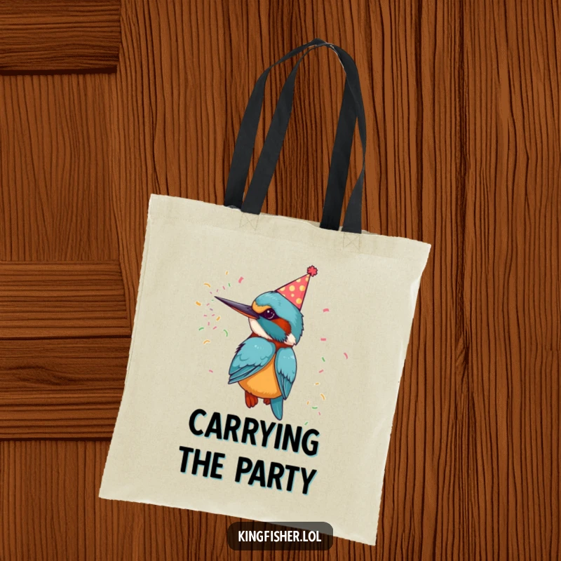 Funny tote bag with a kingfisher bird in a party hat, blasting confetti, a cheerful accessory.