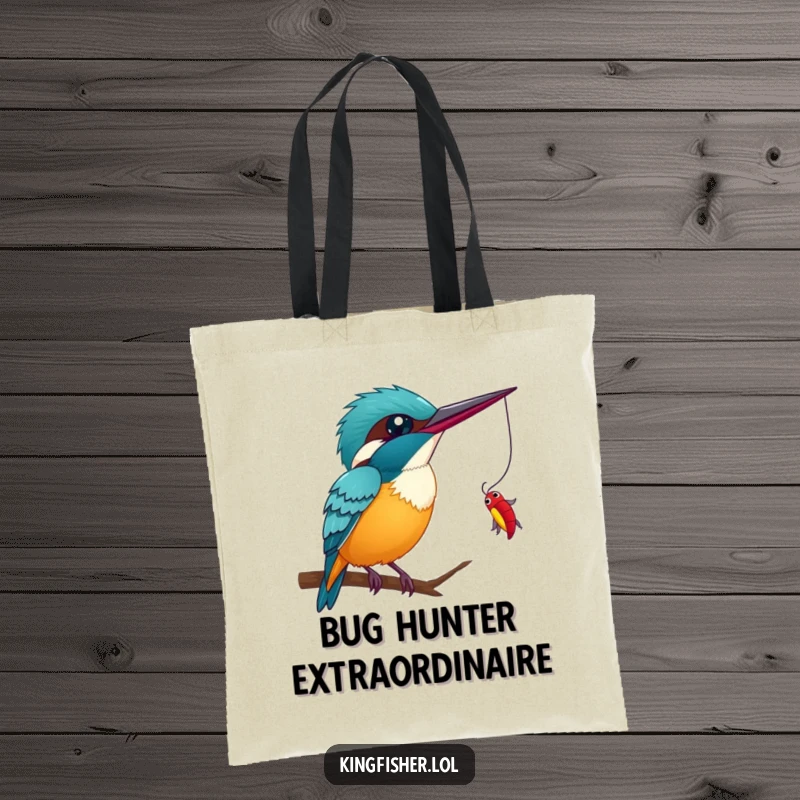 Funny Kingfisher Wink Tote Bag: A stylish bag featuring a winking kingfisher ready to catch a dangling bug, adding humor to your day.
