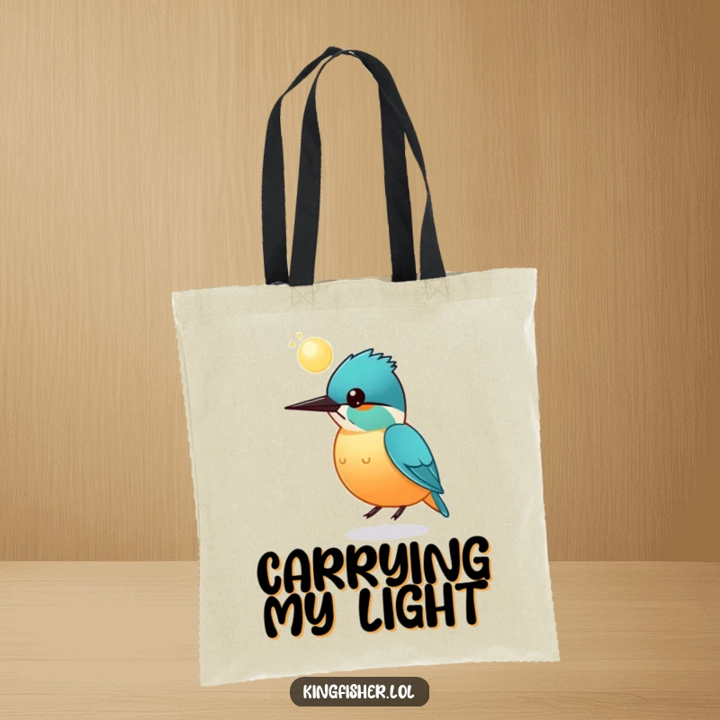 Funny round kingfisher tote bag, a bird bouncing a glowing sphere on its head, whimsical and practical accessory.