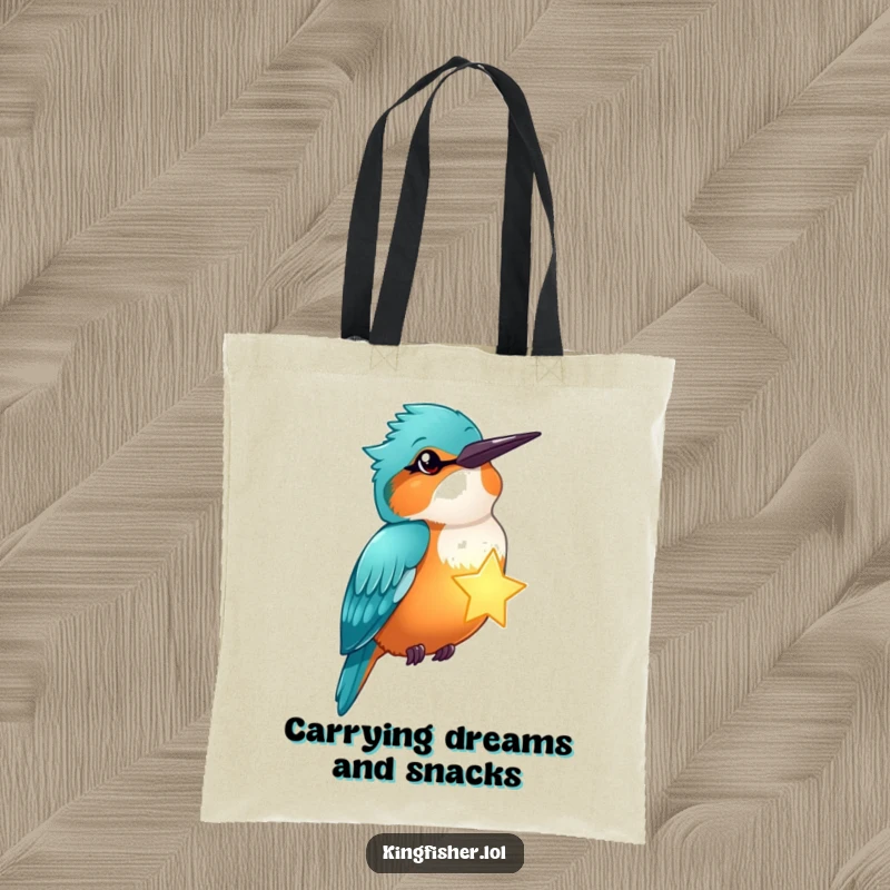 Funny kingfisher winks, holding a glowing star, on a tote bag, a magical and humorous accessory.