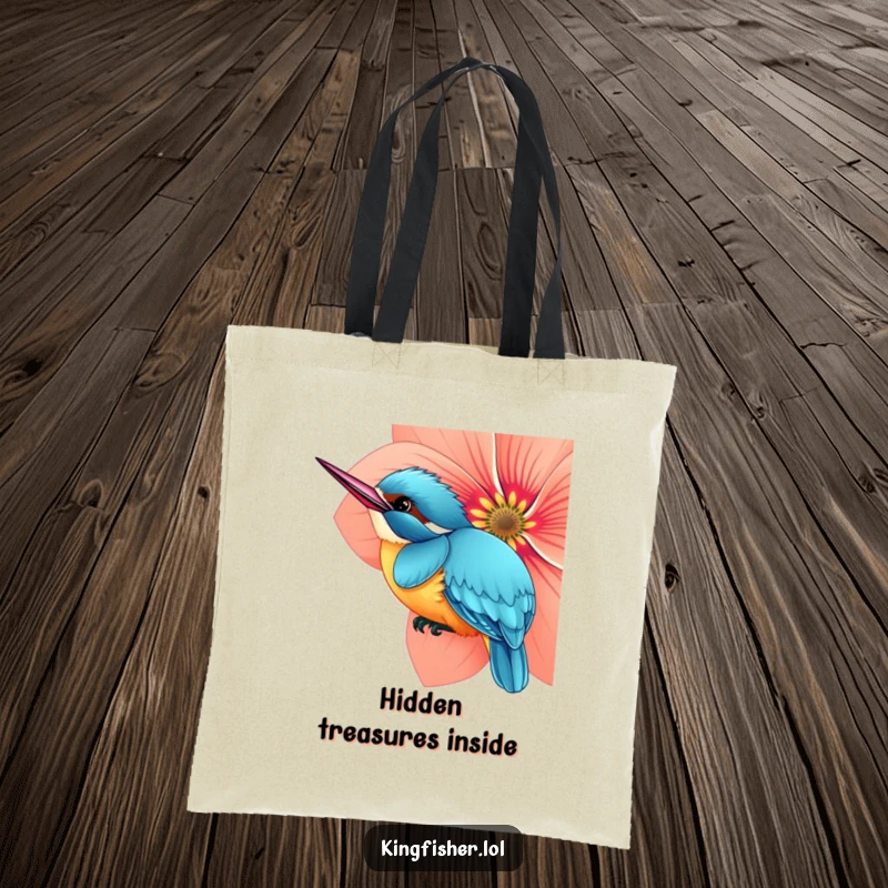 Funny tote bag showcasing a curious kingfisher bird peeking from behind an oversized flower, great for daily errands.
