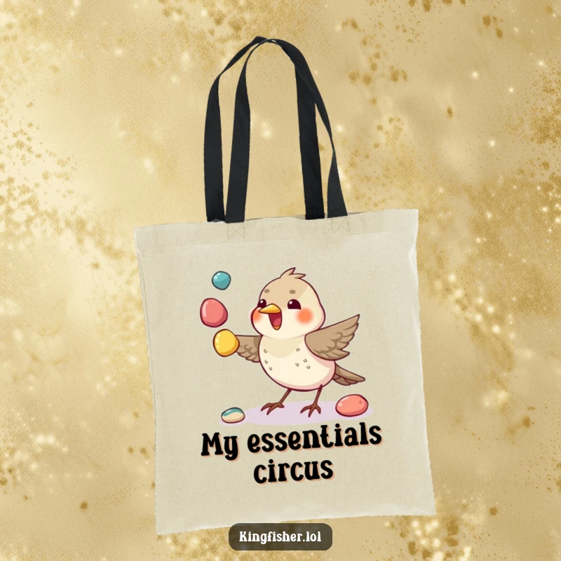 Juggling Bird Tote Bag: A small bird enthusiastically juggles colorful pebbles, showcasing its impressive beak dexterity.
