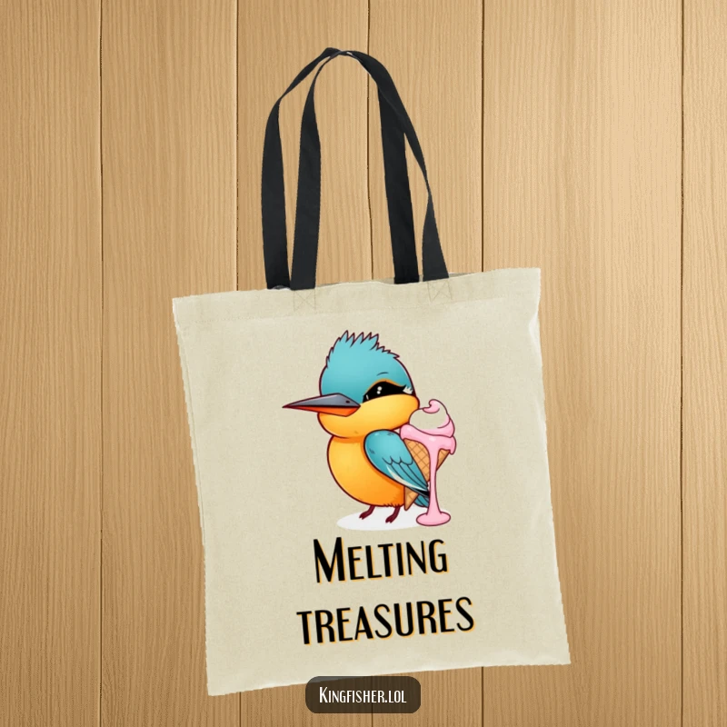 Funny kingfisher tote bag, a bird winking while holding a dripping ice cream cone, humorous and practical accessory.