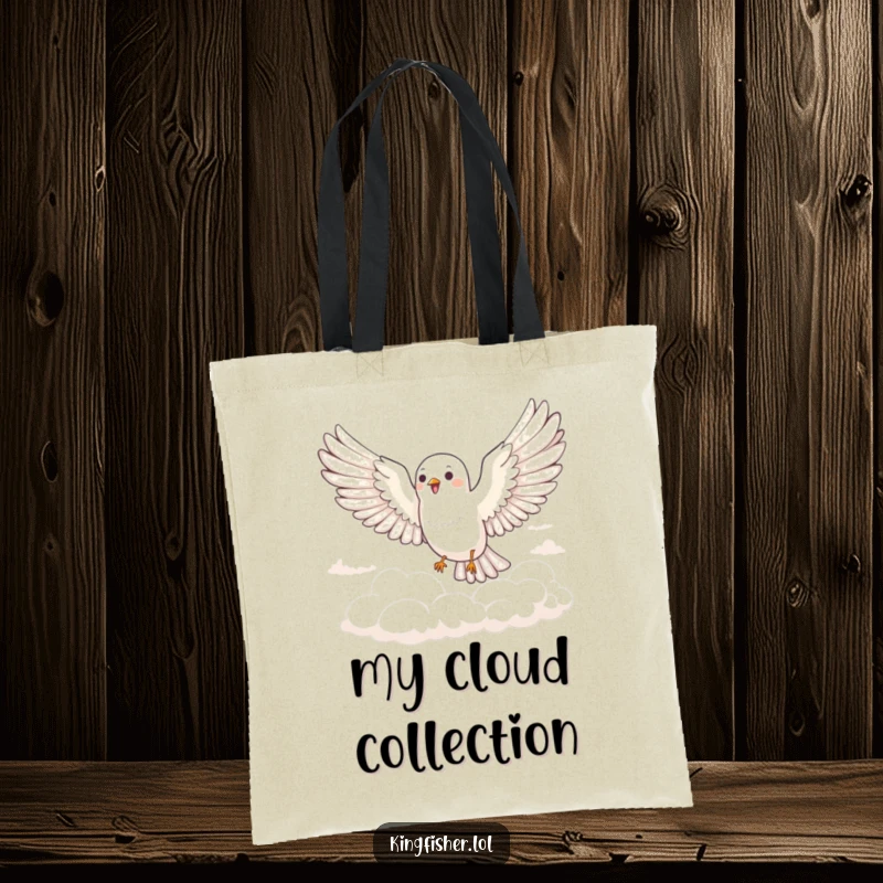 Funny Joyful Bird Tote Bag: A bird glides joyfully through fluffy clouds with wings spread wide. A fun, funny tote.