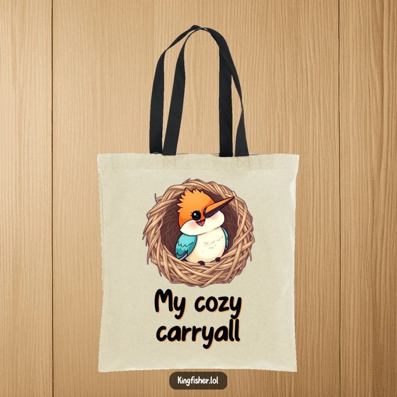 Funny Kingfisher Tote Bag: A curious bird with a wide grin peeking from a woven nest, charming and useful.