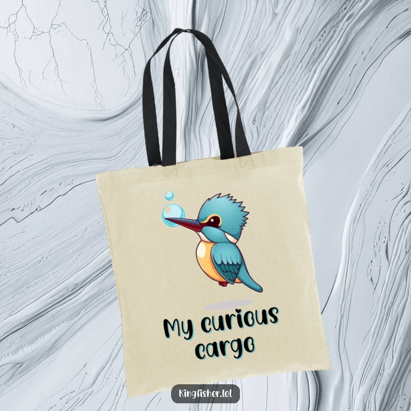 Funny Kingfisher Tote Bag: A kingfisher curiously observing a bubble, printed on a practical tote for a funny and delightful accessory.