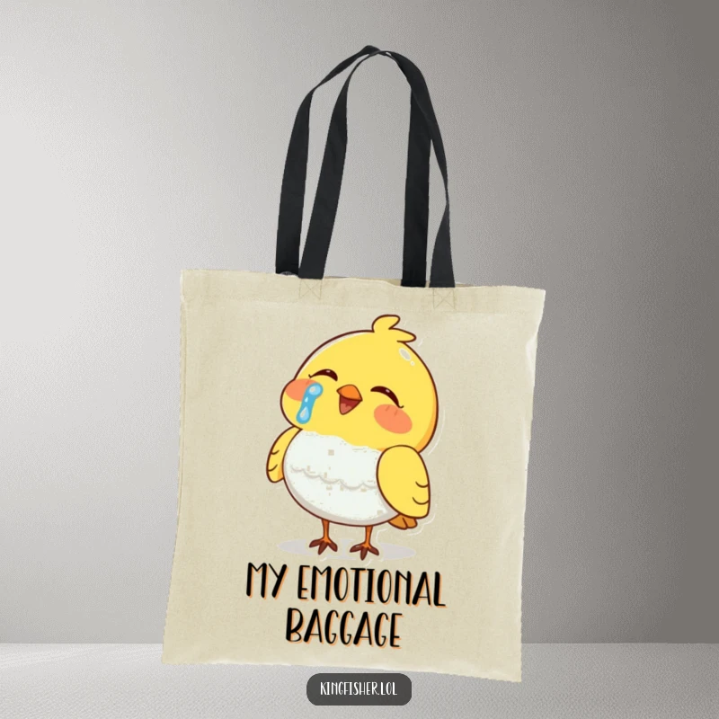 Funny Tote Bag: A bird character with a glistening tear laughs heartily, perfect for carrying humorous essentials.