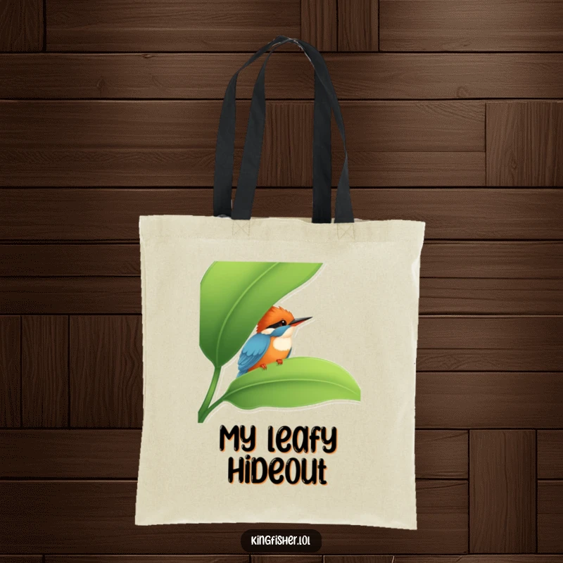 Funny Kingfisher Tote Bag: A shy kingfisher peeking from behind a leaf, printed on a practical bag for a funny surprise.