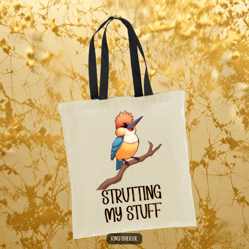 Proud Kingfisher Tote Bag: A fashionable tote with a smiling, proud kingfisher striking a dramatic pose on a twisted branch, perfect for bird fans.