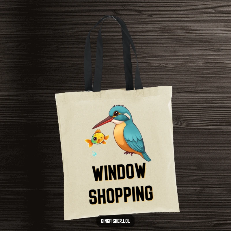 Funny Kingfisher Tote Bag: A curious kingfisher bird tilts its head, watching a brightly colored fish swim by.