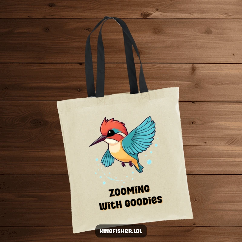Funny Kingfisher Tote Bag showing a kingfisher zooming by, leaving a trail of beautiful, sparkling bubbles.